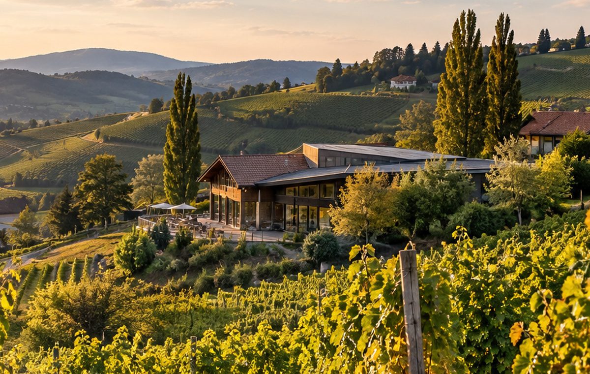 Weinberge mit einem kleinen Weingutsgebäude in sanften südsteirischen Hügeln als redaktionelles Symbolbild.