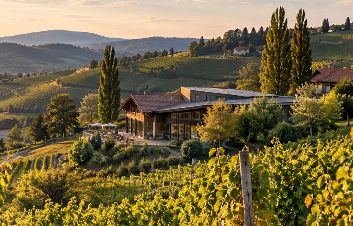 Weinberge mit einem kleinen Weingutsgebäude in sanften südsteirischen Hügeln als redaktionelles Symbolbild.