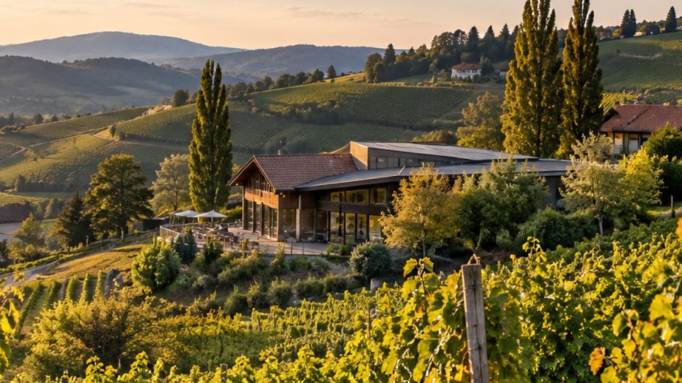 Weinberge mit einem kleinen Weingutsgebäude in sanften südsteirischen Hügeln als redaktionelles Symbolbild.