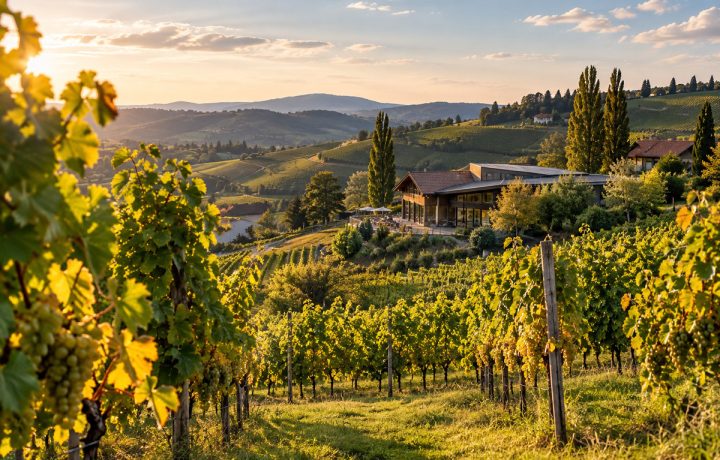 Südsteirische Weinberge mit Weingutsgebäude im warmen Abendlicht, redaktionelle Symbolaufnahme