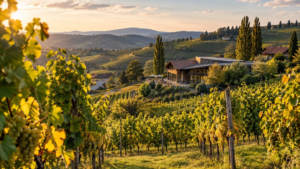 Südsteirische Weinberge mit Weingutsgebäude im warmen Abendlicht, redaktionelle Symbolaufnahme