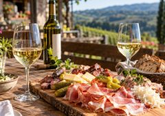 Zwei Gläser Weißwein und eine Weinflasche auf einem gedeckten Holztisch vor unscharfer Weinberglandschaft.