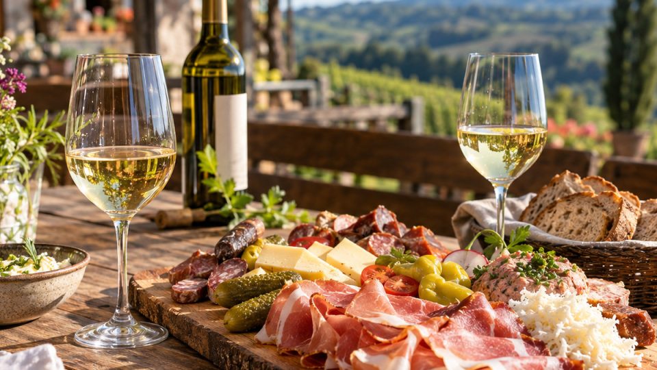 Zwei Gläser Weißwein und eine Weinflasche auf einem gedeckten Holztisch vor unscharfer Weinberglandschaft.