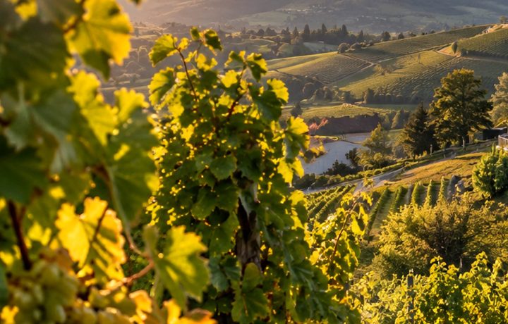 Rebreihen und Weinlaub in einer südsteirischen Hügellandschaft, Symbolbild ohne konkrete Riedenzuordnung