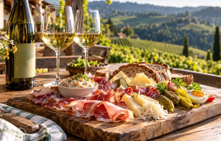 Steirische Brettljause mit Speck, Käse, Bauernbrot und zwei Weißweingläsern auf einer Weinbergterrasse
