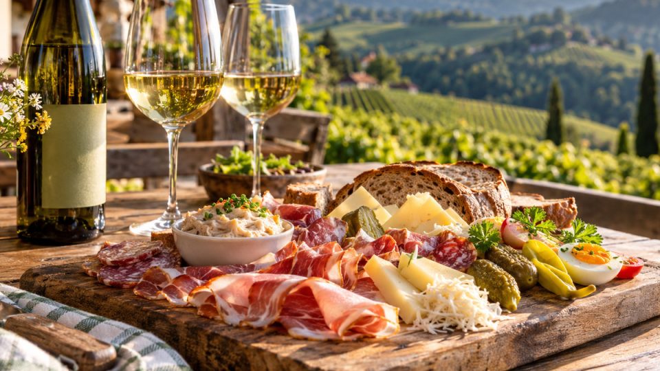 Steirische Brettljause mit Speck, Käse, Bauernbrot und zwei Weißweingläsern auf einer Weinbergterrasse