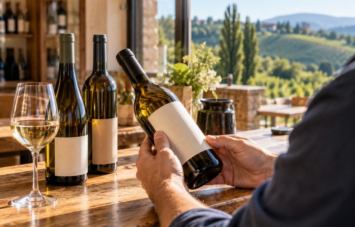 Ein Weininteressierter betrachtet eine Flasche mit neutralem Etikett auf einem Winzertisch in Weinbergumgebung.
