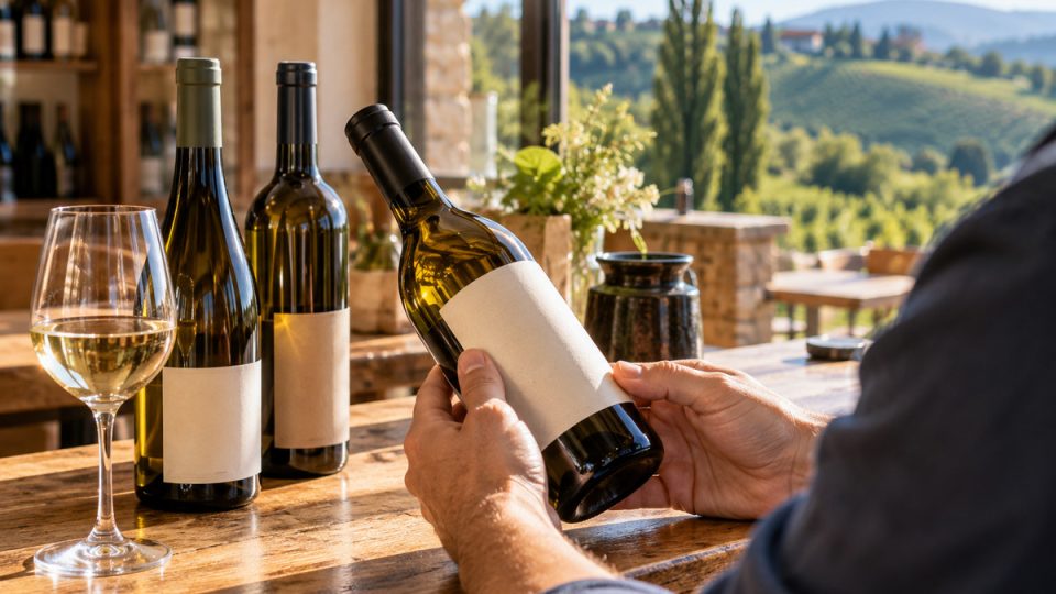 Ein Weininteressierter betrachtet eine Flasche mit neutralem Etikett auf einem Winzertisch in Weinbergumgebung.