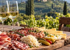 Käse, regionale Jausenspezialitäten und zwei Gläser Weißwein auf einem Holztisch vor einer südsteirischen Weinlandschaft.