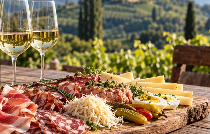 Käse, regionale Jausenspezialitäten und zwei Gläser Weißwein auf einem Holztisch vor einer südsteirischen Weinlandschaft.