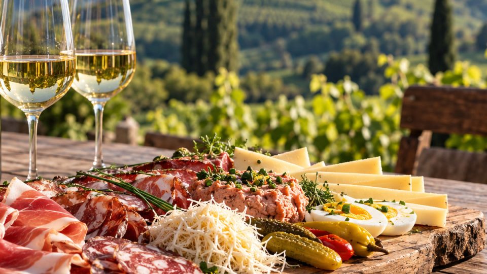 Käse, regionale Jausenspezialitäten und zwei Gläser Weißwein auf einem Holztisch vor einer südsteirischen Weinlandschaft.